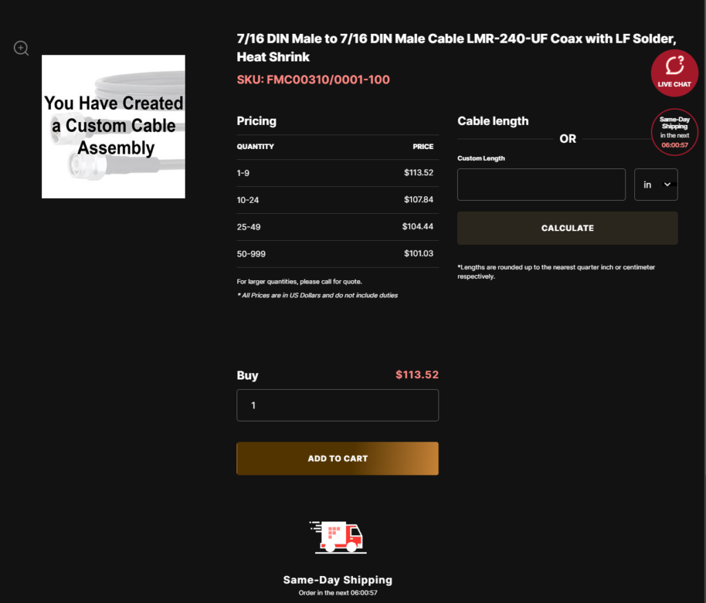 image of Custom coaxial cable assembly web page