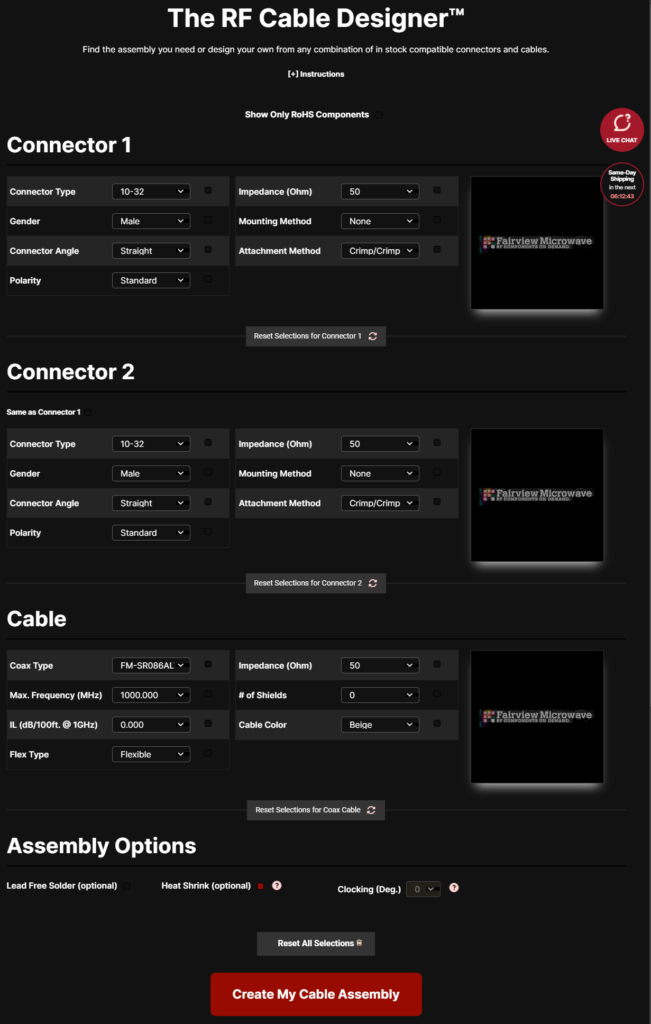 image of The Fairview RF Cable Designer™ interface